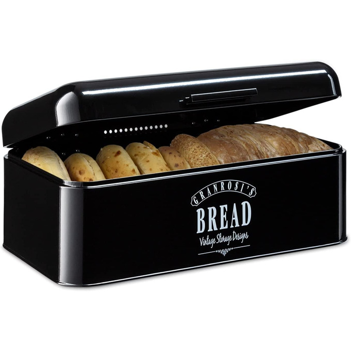 Хлібниця Granrosi, Хлібниця в стилі ретро з відкидною кришкою, компактна коробка для зберігання більш довгих і свіжих продуктів, хліба, булочок, випічки і тортів, (Вінтажний Сірий) (Чорний, 42 x 24 x 16 см)