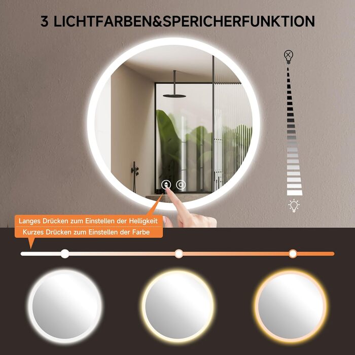 Дзеркало для ванної кімнати YOLEO з підсвічуванням 90x70 см, LED дзеркало з переднім та заднім освітленням, дзеркало з пам'яттю, 3 регульовані кольори світла, антизапарник