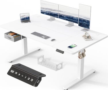 Регульований стіл Devoko 160x80 см з ящиками, USB-порт, органайзер для кабелів, стоячий стіл з пам'яттю, білий