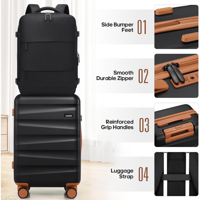 Набір валіз Gepäck з рюкзаком, полікарбонатне ручне багаж, схвалено авіакомпаніями з обертовими колесами, набір жорстких валіз з TSA-замком, багаж на спіннері (Чорний, 3 шт. (50 см))