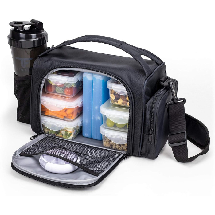 Ізольована ланчбокс з 6 контейнерами для приготування їжі – BPA-Free, багаторазові, підходять для мікрохвильової печі та морозильної камери – ланч-сумка з шейкером, органайзером для пігулок, плечовим ременем та охолоджувальними акумуляторами – термосумка 