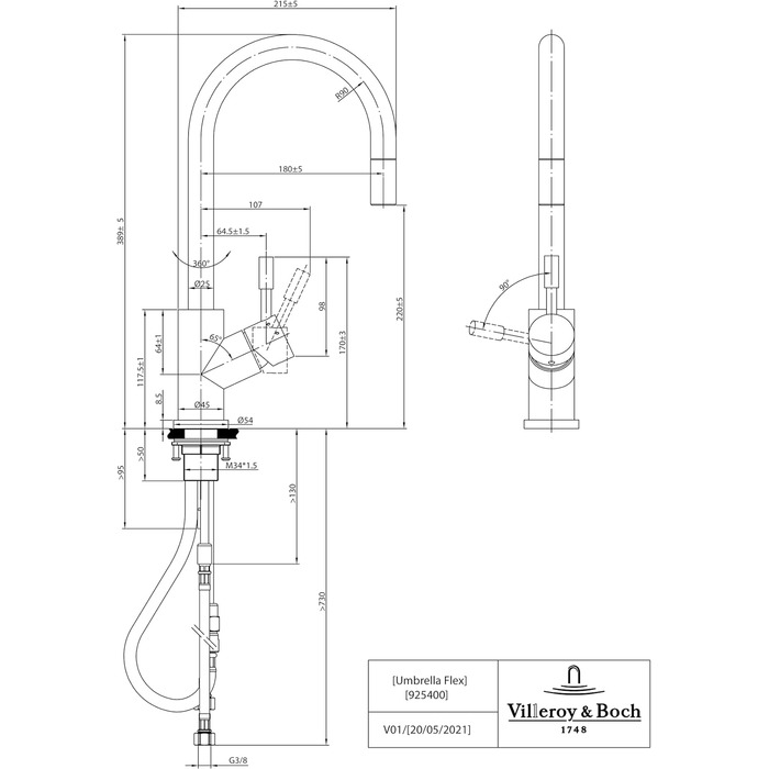 Змішувач для кухні Villeroy & Boch Umbrella Flex, змішувач високого тиску, змішувач для кухні з висувним душем і поворотним діапазоном на 360, змішувач для раковини водозберігаючий, висота виливу 220 мм, висота золотого виливу 220 мм висувна душова лійка