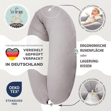 Подушка для вагітних та годування sei Design XXL (190x35 см), ергономічна подушка для сну з чохлом з біо-бавовни муслін, колір тауп