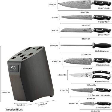 Набір кухонних ножів NANFANG BROTHERS з дамаської сталі 9 дюймів з дерев'яним блоком (дуб), професійний кухонний набір, VG10 сталь