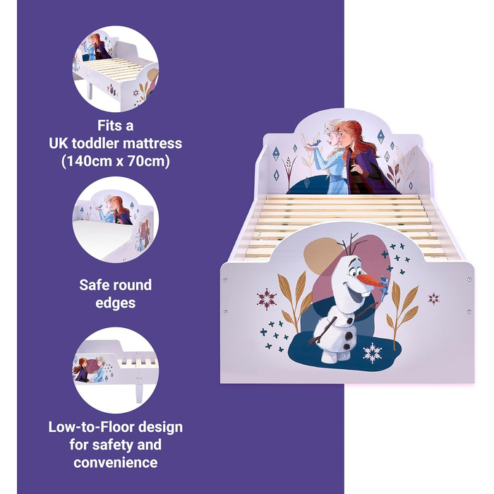Ліжечко для малюків Disney Frozen, стабільна конструкція з ДСП, захисні бортики, ламелі, розмір 140x70 см (матрац не входить до комплекту)