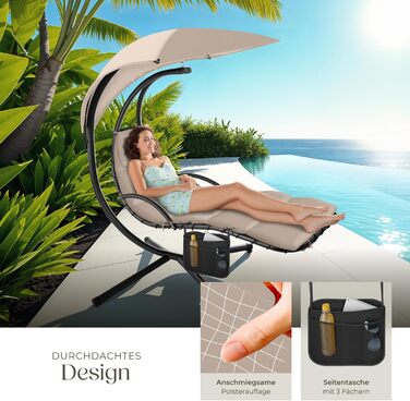 Тектейк® гамак з каркасом, гамак-шезлонг, гойдалка з сонцезахистом, гамак-крісло, гамак з сумкою, м'яка подушка з підголівником для саду, тераси та балкону - (Бежевий)