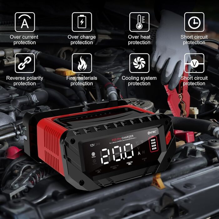 Швидкий зарядний пристрій Haisito 12V/24V 20A для акумуляторів автомобілів, мотоциклів, Li-Ion, AGM, Gel, MF, EFB, SLA, VRLA - розумний, швидкий зарядний пристрій