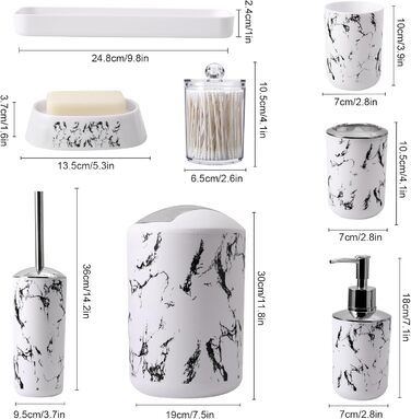 Комплекти аксесуарів для ванної кімнати, 9 предметів: сміттєвий бак, лоток для косметики, дозатор мила, мильниця, стакан для зубної щітки, щітка для унітазу та контейнер для ватних паличок (білий мармур)