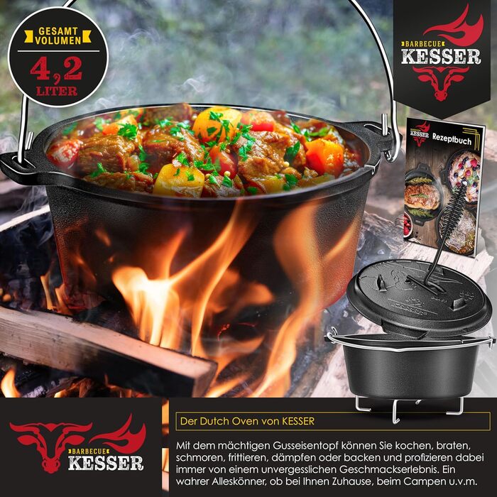 Набір голландських казанів KESSER® BBQ: голландський казан, посуд для приготування на грилі, котел для гуляшу, чавунний посуд з кришкою та термометром (4.2 л)