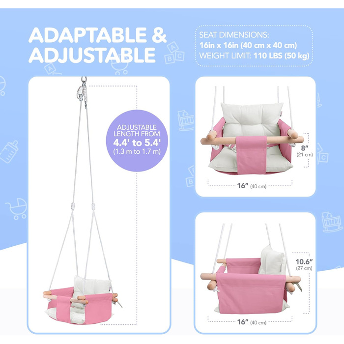 Дитяча гойдалка Cateam з дерева для дому та саду. Безпечний ремінь, від 12 місяців. Різні кольори, рожева.