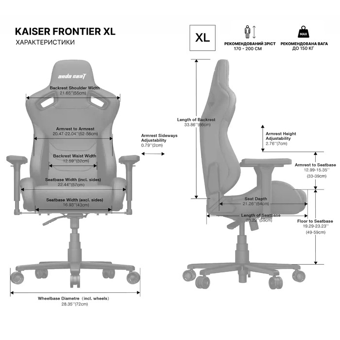 Крісло ігрове Anda Seat Kaiser Frontier XL Dark Gray Fabric