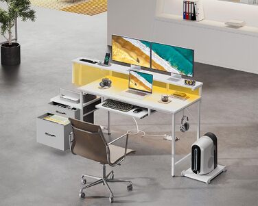 Ігровий стіл Coleshome з LED підсвічуванням, 140x48 см. Стіл з тканиними ящиками, комп'ютерний стіл з 2 розетками та 2 USB-портами, стіл для ігор з підставкою для монітора для дому/офісу, білий 140x48 см