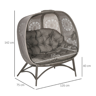 Outsunny Garden Chair 2-місне крісло Papasan зі складним кошиком і подушкою, шезлонг для балкона та тераси, сталь у піску, 126 x 75 x 142 см