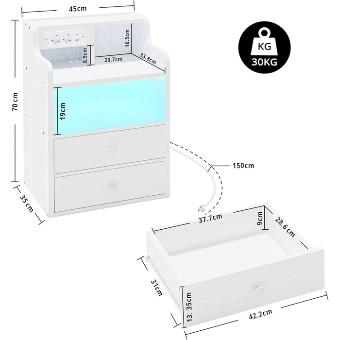 Нічний столик IRONCK з LED-підсвіткою, розеткою та функцією зарядки, з ящиками, білий.