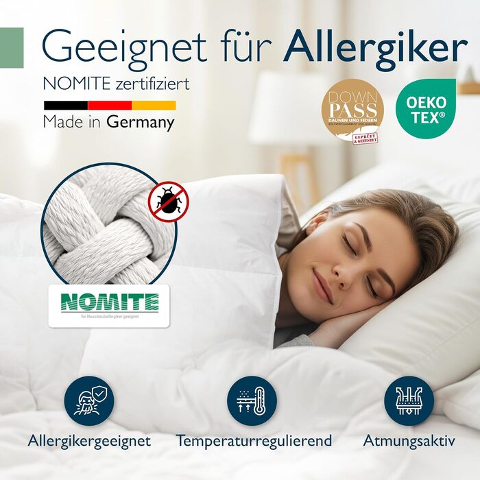 Пухова ковдра Beautissu 135x200 см, сезонна, з 100% пуху та пера, Made in Germany, сертифікація Oeko-Tex, Downpass, Nomite, бавовняний чохол, пральна машина, GF 135x200