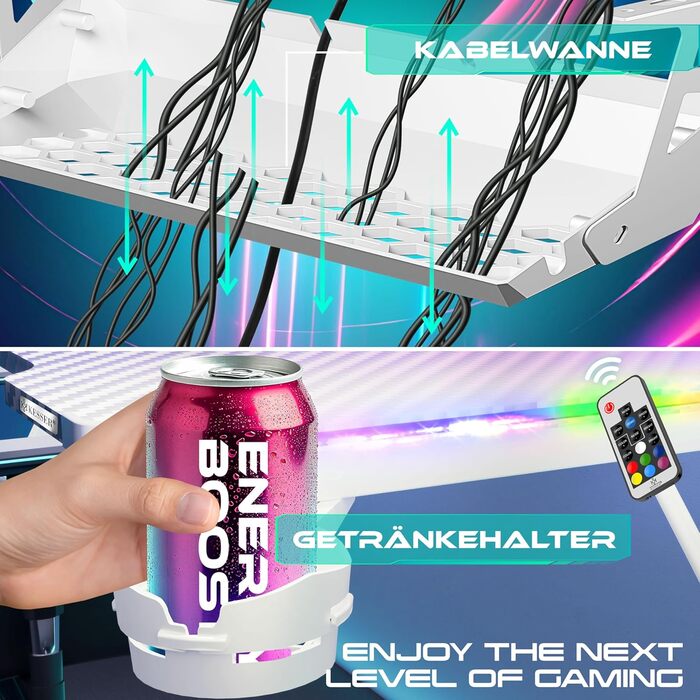 Ігровий стіл KESSER® LED 160x60 см | З-подібний стіл для геймерів | Тримач для навушників & вуглецеве покриття | Ергономічний стіл для ПК | Стабільний стіл з підстаканником, білий