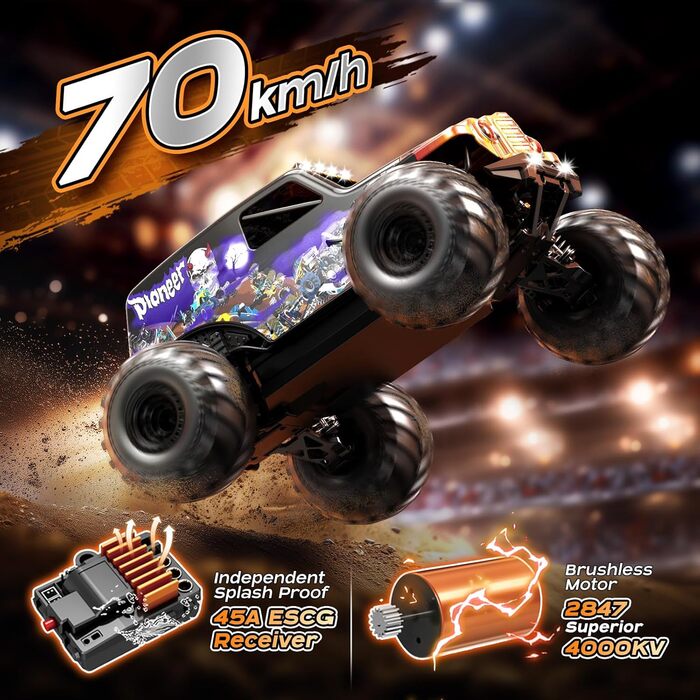 Радіокерований автомобіль 1/14 Brushless 70 км/год, 4WD, амортизатори, 2x LiPo акумулятори, фіолетовий - для дорослих