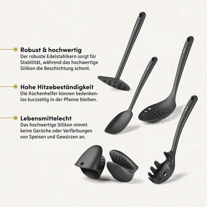 Набір кухонних аксесуарів Hoffmann Küchenhelfer-Set, 6 предметів, антрацит, силікон, нержавіюча сталь, антипригарне покриття