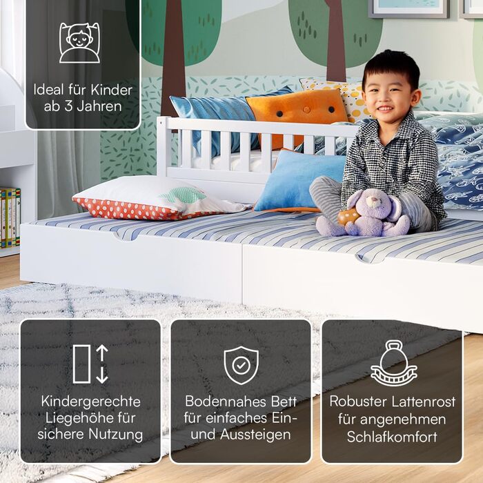 Ліжко дитяче Bellabino Vils 90x200 см – ліжко для малюків з бортиками, ламелі, Монтессорі, з масиву сосни, біле, для хлопчиків та дівчаток, з місцем для зберігання, з гостьовим ліжком, з матрацом