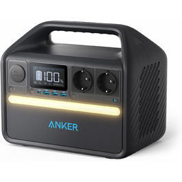 Компактна електростанція Anker 535 (потужність 512 Втгод), портативні батареї LiFePO4, 7-портовий генератор живлення 500 Вт, 2 порти змінного струму, порт USB-C PD потужністю 60 Вт, світлодіодне світло для кемпінгу та відключень електроенергії Чорний