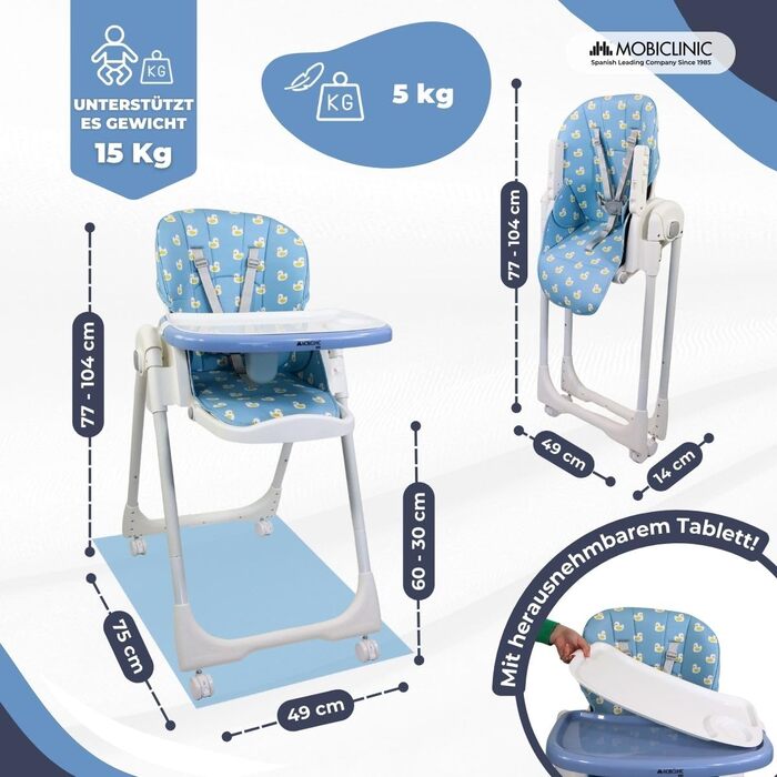 Дитячий стільчик Mobiclinic® Kids Simba, розкладний, перетворюється на стільчик для малюків, з ременем безпеки, колесами з гальмом, знімним підносом, текстиль знімний та пральний, зелений (блакитний)