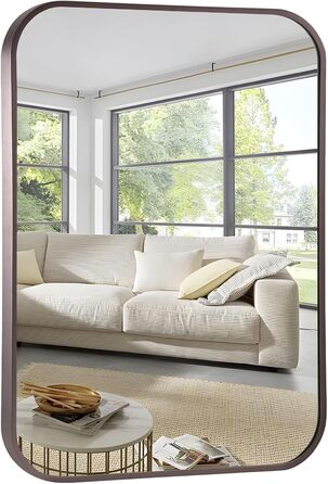 Дзеркало для ванної кімнати на стіну з округлим прямокутним дизайном та коричневим металевим каркасом. Підходить для ванної, передпокою, вітальні, спальні. Вертикальна або горизонтальна орієнтація. Розміри: 91.4 x 61 см, колір: брашований титан.