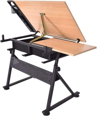 Стол для малювання RELAX4LIFE з регулюванням висоти та нахилу, з ящиками та пуфом, 110 x 69,2 x 73,5-98 см, професійний стіл для художника з двома столешницями, дерев'яний