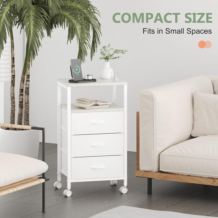 Нічний столик з 3 шухлядами, зарядний станція, 2 розетки AC та 2 USB, з роликами, білий