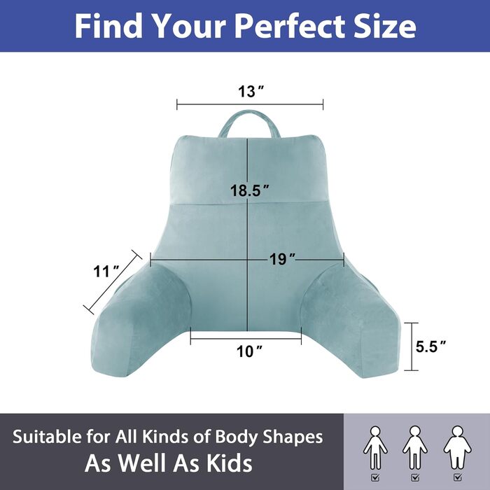 Подушка для читання з підлокітниками для дорослих, спинка для сидіння в ліжку, подушка з наповнювачем з піни з пам'яті з кишенями та знімним, пральним чохлом, для відпочинку, перегляду телевізора (Морська блакить, M(18 дюймів))