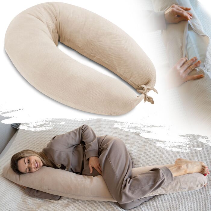 Подушка для годування та вагітності PaLulli XL (170x30 см), органічна бавовна, мусліновий чохол, бежева