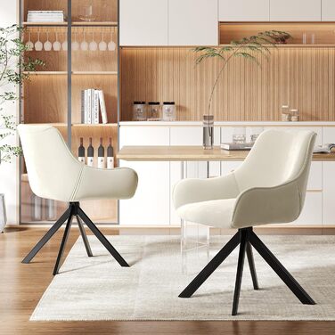 Обідні стільці поворотні, комплект 6 шт. з підлокітниками, 360° - м'які стільці з тканини льон, сучасний дизайн, металевий каркас, для кухні, вітальні, офісу, бежевий