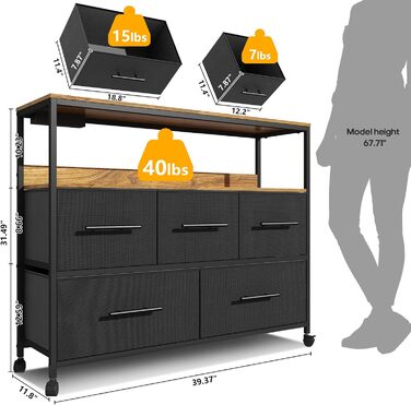 Комод із зарядною станцією, 5 контейнерами для тканини, тумбою під телевізор і полицею, з коліщатками (чорний)