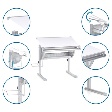 Дитячий стіл BELIA регульований по висоті та куту нахилу, білий / сріблястий, hjh OFFICE