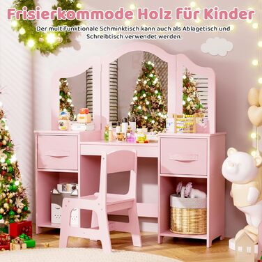 Дитячий туалетний столик MAMIZO 2 в 1 з дзеркалом та стільчиком, рожевий, з 2 висувними ящиками