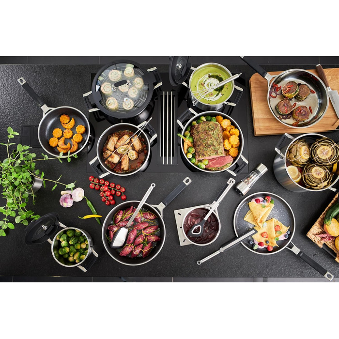 Набір каструль Rösele Silence Pro 5 предметів: універсальний набір з 3 каструль, 1 казанок та 1 сотейник, нержавіюча сталь 18/10, скляні кришки, внутрішня шкала, підходить для індукційних плит та мийки посуду