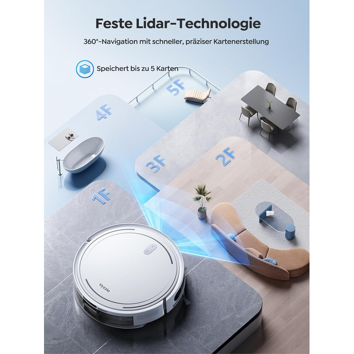 Робот-пилосос Vyzzle 5000Pa з функцією миття, LDS-навігація, D10, керування через додаток/Alexa, для шерсті тварин, килима, твердих підлог, білий