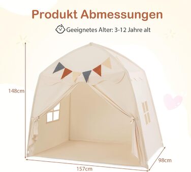 Дитячий ігровий будиночок COSTWAY, намет для дітей з прапорцями та гірляндою, намет принцеси, великий намет для дитячої кімнати для хлопчиків та дівчаток від 3 років, 157 x 98 x 148 см (Бежевий)