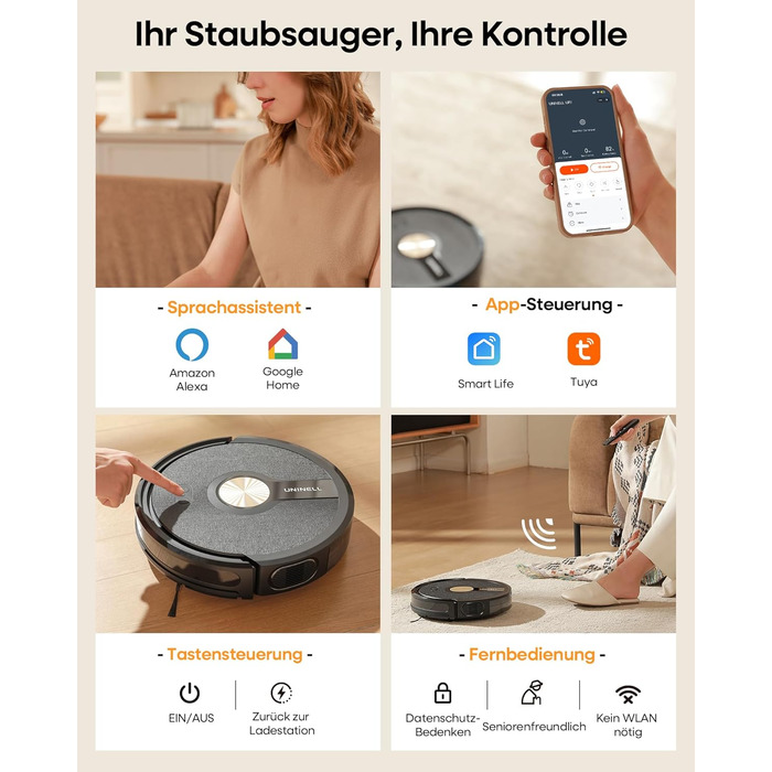 Робот-пилосос з функцією миття 5000Pa, 3-в-1 з часом роботи 180 хвилин, для прибирання шерсті тварин та килимів, з керуванням через додаток, чорний