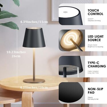 LED настільна лампа Lundwa з акумулятором, 26 см, 5000 mAh, 3W, 3000K, IP54, для кемпінгу, ресторану, спальні, бару (1 шт.)