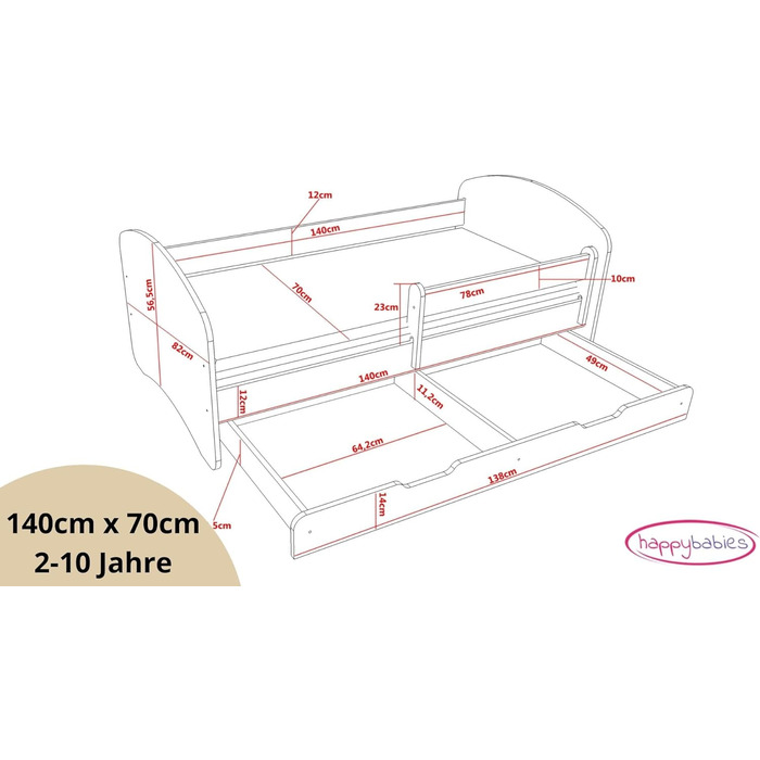 Дитяче ліжко Happy Babies із захистом від падіння з висоти Ліжко для дитячої кімнати 140x70 з матрацом Односпальне ліжко Діти Хлопчики Дівчатка Біле Дерево Коричневе (Venge)