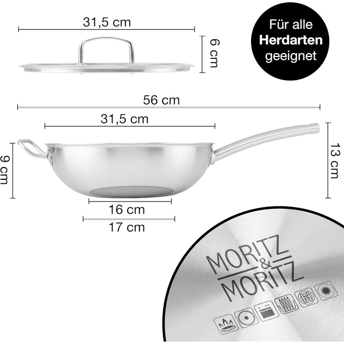 Вафельниця Moritz & Moritz з нержавіючої сталі 30 см з керамічним покриттям нового покоління - підходить для всіх типів плит - антипригарний вок з вафельною структурою для смаження, тушкування та варіння (з кришкою)