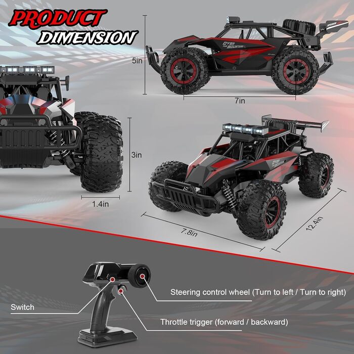 Радіокерований позашляховик Kolegend для хлопчиків, 2 акумулятори, 50 хв, масштаб 1:12, 25 км/год, 2.4 GHz, червоний