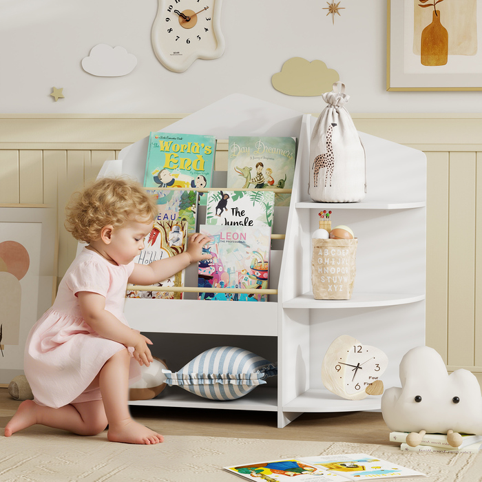 AIYAPLAY Поличкова шафа для дитячої кімнати з 7 полицями для книг та іграшок, з заокругленими краями, витримує 40 кг, білий колір