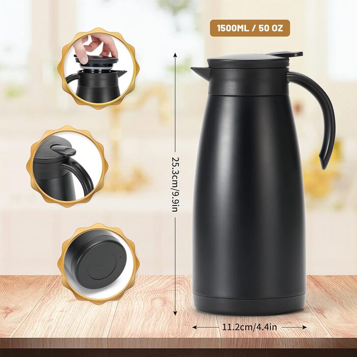 Вакуумний глечик Olerd 1.5 л, термос з нержавіючої сталі, вакуумний кавник з подвійними стінками, термос для кави, чаю, води, напоїв (чорний) чорний 1500мл