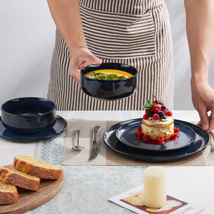 Набір посуду Joyfair на 6 осіб (18 предметів) з кераміки, блакитного кольору. Тарілки, миски, глибокі тарілки. Для мікрохвильовки та посудомийної машини.