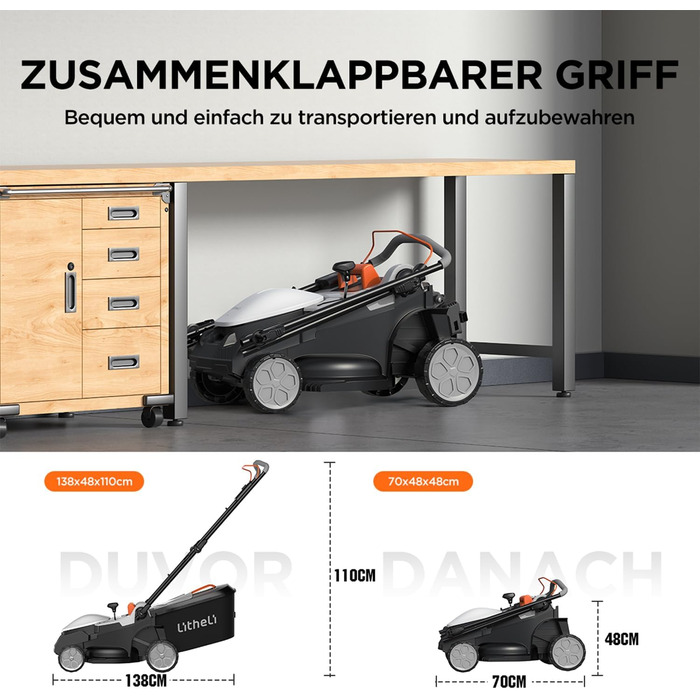 Акумуляторний газонокосарка Litheli 20V, ширина косіння 33 см, до 200 м², об'єм кошика 30 л, висота косіння 25-65 мм, з акумулятором 4.0 Ah