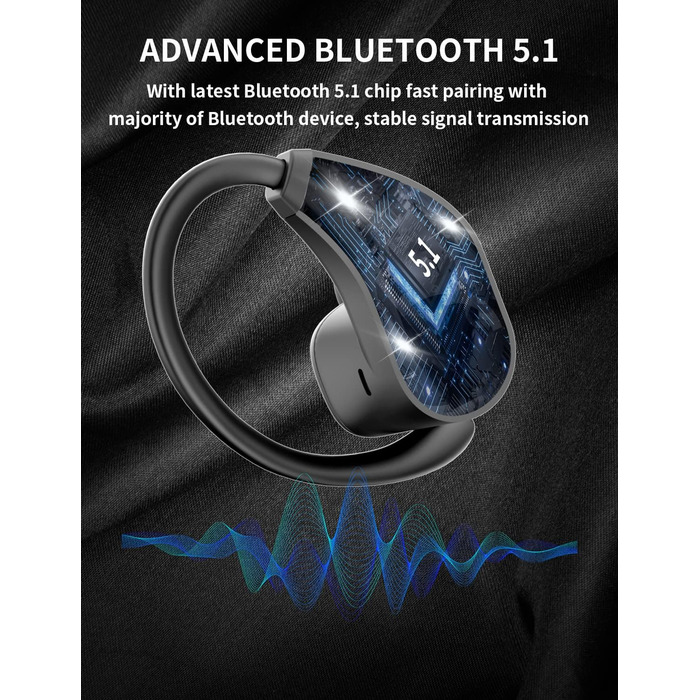 Бездротові спортивні навушники Bluetooth 5.1 з вушними гачками, 42 години Hi-Fi звуку, LED-дисплей, сенсорний (чорний), 6