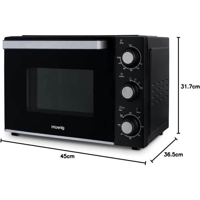 Міні-піч H.Koenig FO42, 42л, 230°C, 5 режимів, таймер 90хв, конвекція, гриль, з щипцями, крихтозбірник, поворотний насадка, 2000W
