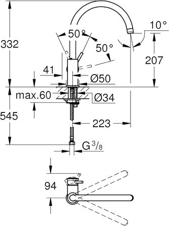 Змішувач для раковини з одним важелем (C-подібний вилив, діапазон повороту на 360, гнучке підключення, включаючи монтажний інструмент), хромований 31553001 хромований змішувач для кухні