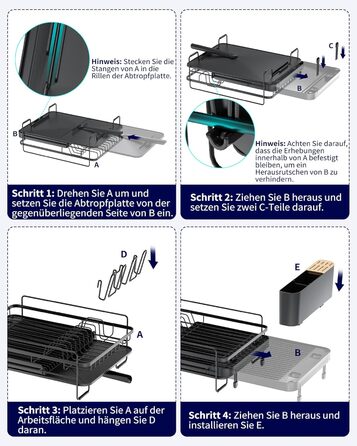 Сушилка для посуду Kitsure, висувна, багатофункціональна, з місцем для столових приборів, 67.8 x 32.7 x 14.9 см, чорна